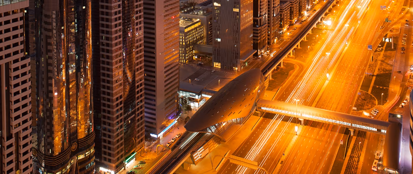 The Dubai skyline at twilight.